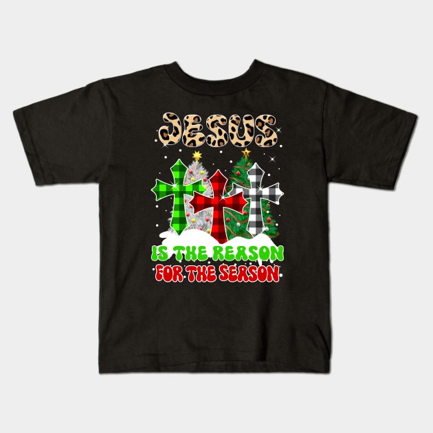 Jesus Is the Reason for the Season Groovy Christmas Pyjama Leopard Buffalo Plaid Kids T-Shirt by teespringplus